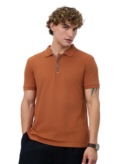The Souled Store Textured Polo: Burnt Orange Men and Boys Short Sleeves Collared Neck Solid Cotton Blend Regular Fit Zipper Polo