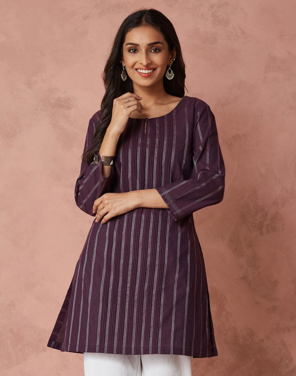 Fabindia WomenS Cotton Blend Striped Regular Kurta (1039394Purple_Purple