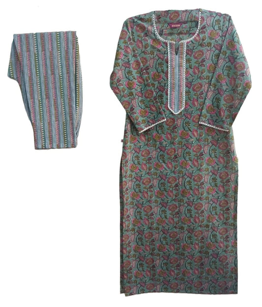 ANNI DESIGNER Women's Cotton Blend Printed Straight Kurta with Pant (Dawai Green-Nw)