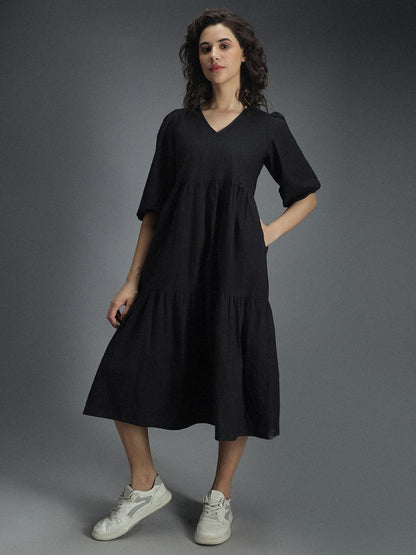High Star Women'S Cotton Pleated Maxi Casual Dress (Hswdrs23005_Bk_Black