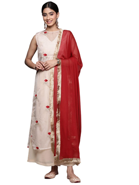 Varanga Women Blue Floral Printed Strap Style Straight Kurta Paired with Tonal Bottom and Dupatta