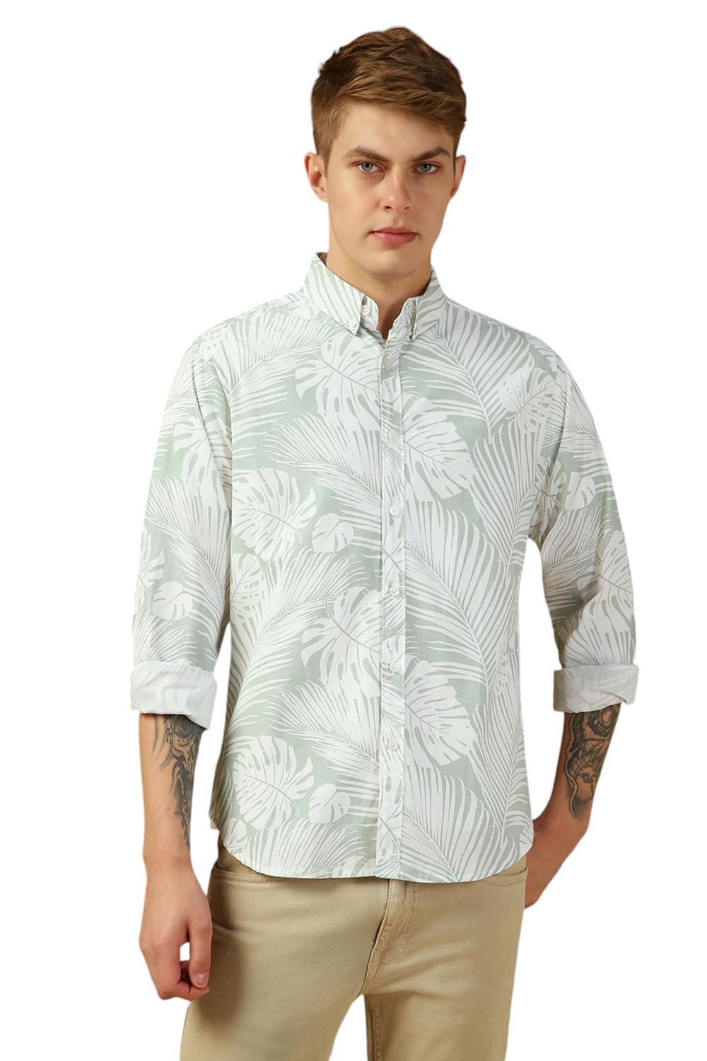 Dennis Lingo Men Green Printed Relaxed Fit Full Sleeve Button Down Collar Casual Shirt