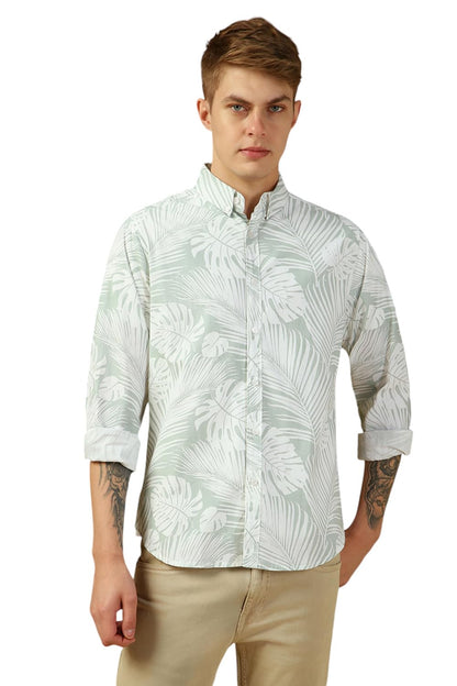 Dennis Lingo Men Green Printed Relaxed Fit Full Sleeve Button Down Collar Casual Shirt