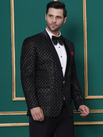 Favoroski Wedding Sequence Blazer Suit For Men | Black Wedding Suit For Men | Embroidered Velvet Blazer | Relaxed Fit Blazer For