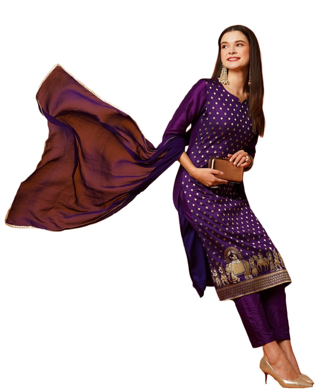 ANNI DESIGNER Women's Cotton Blend Straight Embellished Kurta with Pant & Dupatta