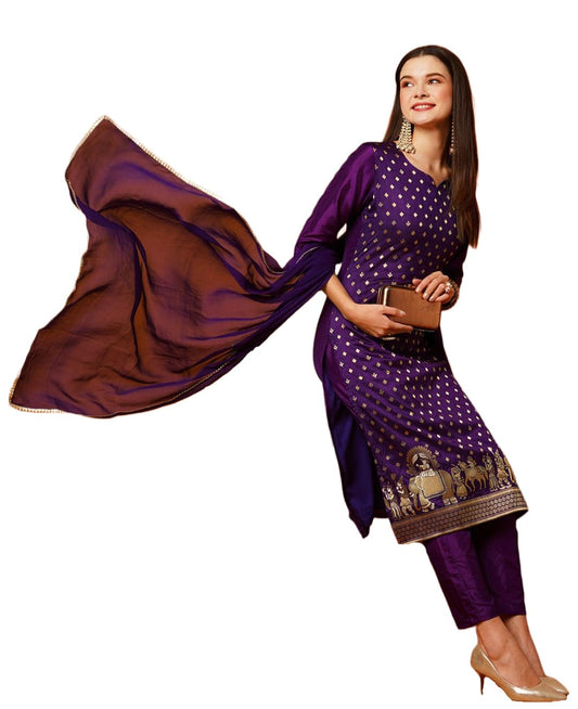ANNI DESIGNER Women's Cotton Blend Straight Embellished Kurta with Pant & Dupatta