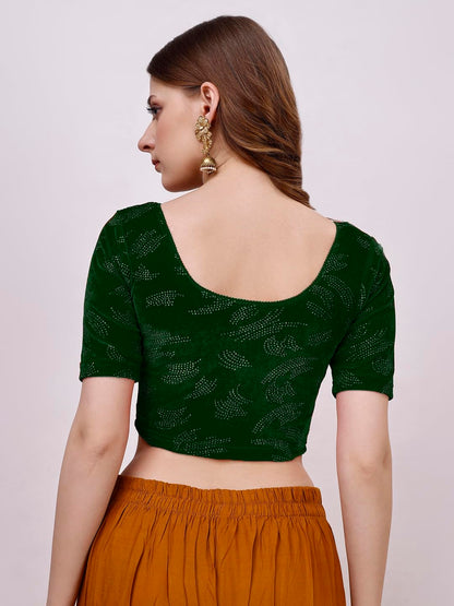 Vihu Fashion Womens Readymade Hosiery Velvet Lycra Stretchable Round Neck Half Sleeve Blouse Fancy Green Color Lycra Stretchabl