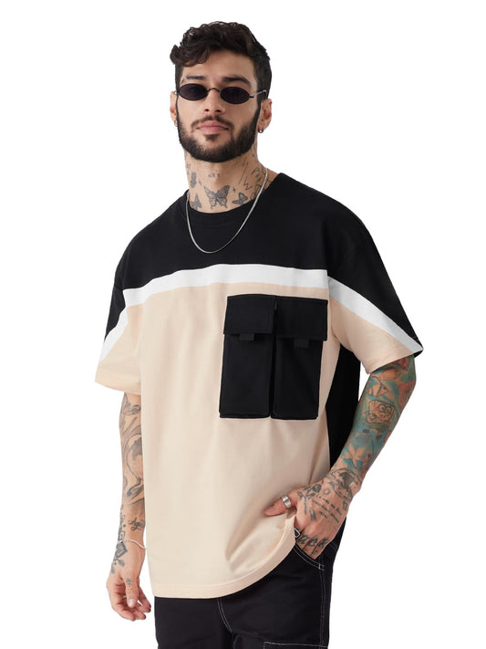 The Souled Store Solids: Peach & Black (Utility) Men and Boys Oversized fit Half Sleeve Cotton Multicolored Men Oversized T-Shir