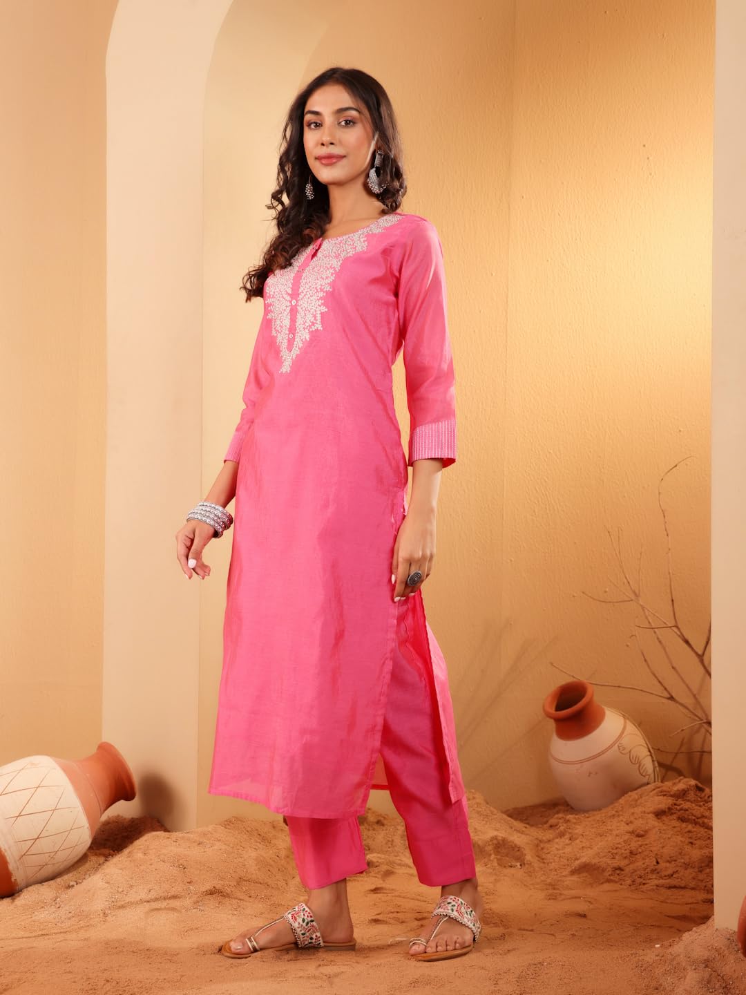 Varanga Women Pink Zari Embroidered Regular Chanderi Silk Kurta with Trousers & Dupatta - Elegant Ethnic Set
