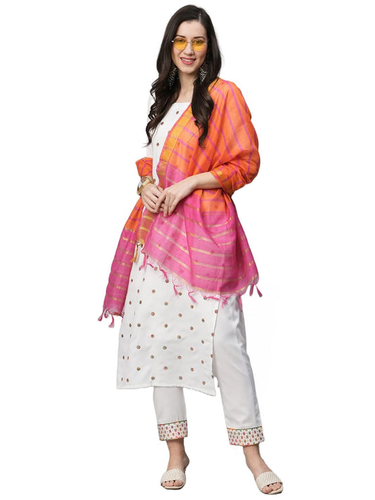 GoSriKi Women's Cotton Blend Embroidered Straight Kurta with Pant & Dupatta (SILKSI-White-GS)