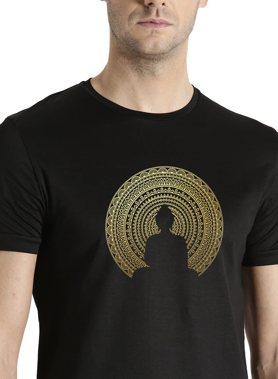 ADRO Men's Budha Gold Printed Cotton T-Shirt (RN23-GL-BUD-BL_Black)