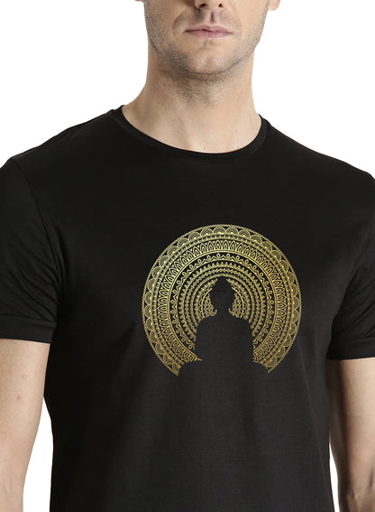 ADRO Men's Budha Gold Printed Cotton T-Shirt (RN23-GL-BUD-BL_Black)
