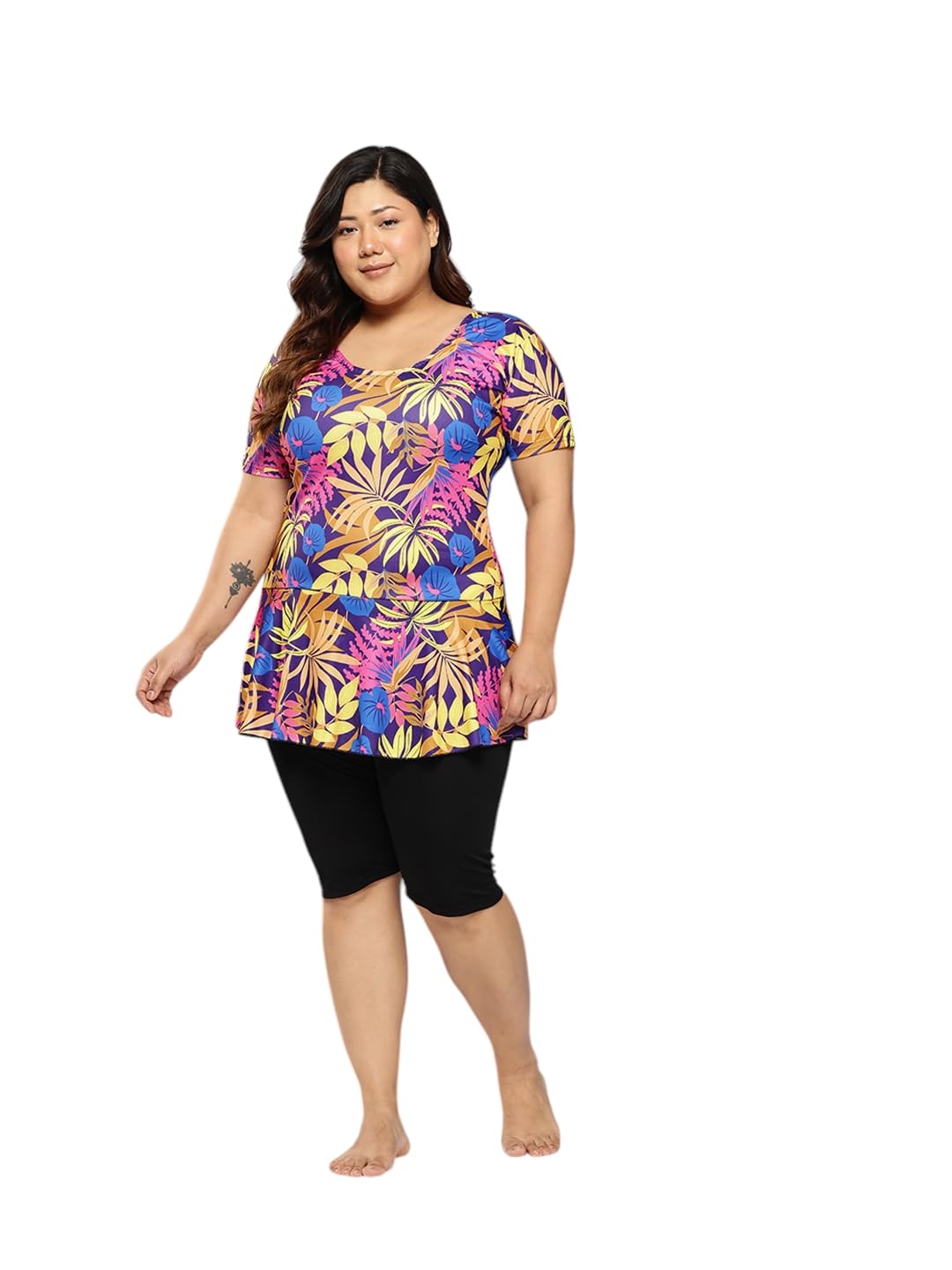 Aarika Womens Sports Wear Yellow-Black Colour Floral Print Nylon Plus Size Swim Suit with Cap-(XS-4XL)-(SW-CP-W-P-SHM-CA-1111-YE