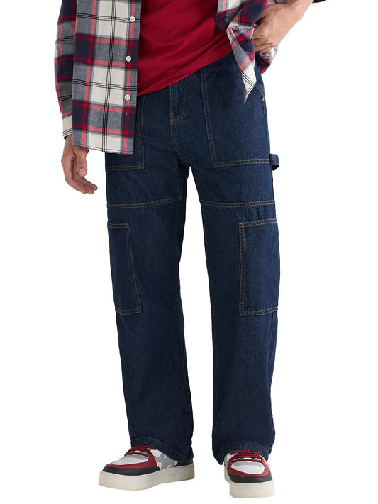 Bewakoof Mens Baggy Straight Fit Cargo Jeans_625027_Blue_32, Mid Rise