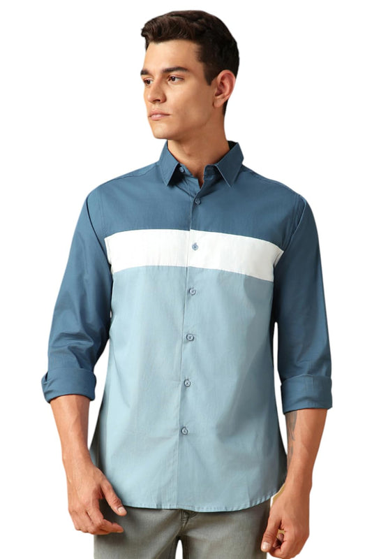 Dennis Lingo Men Colorblock 100% Cotton Regular Fit Full Sleeves Shirts Blue