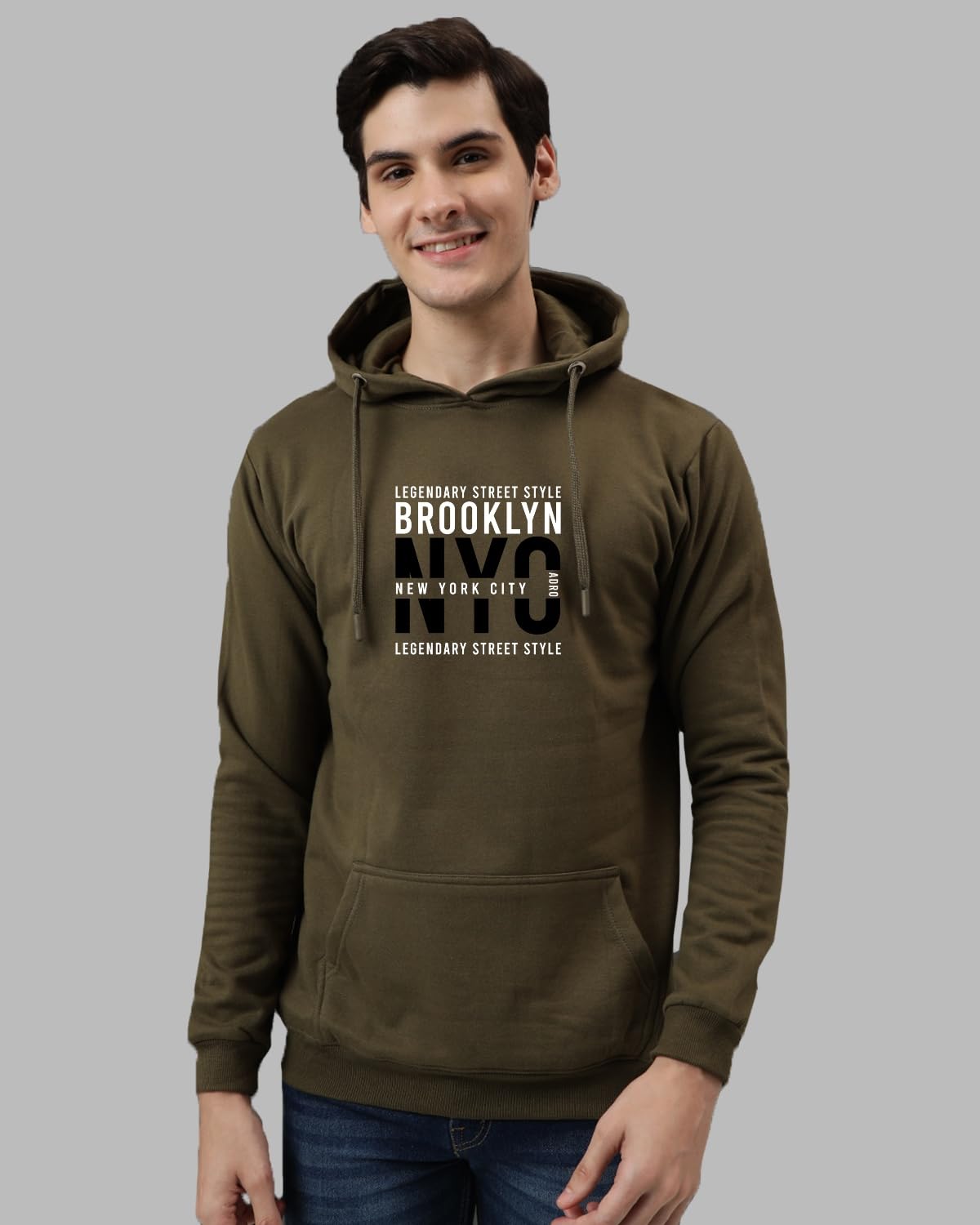 ADRO Men's Cotton Blend Neck Hooded Sweatshirt (H24-NYC-OL_Olive