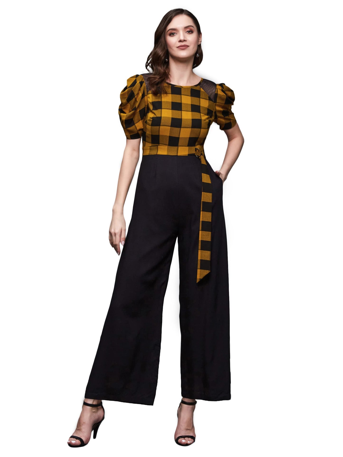 Miss Chase WomenS Black & Mustard Round Neck Cowl Sleeve Checkered Wide-Leg Viscose-Rayon Regular Length Jumpsuit (Mcss23D15-71