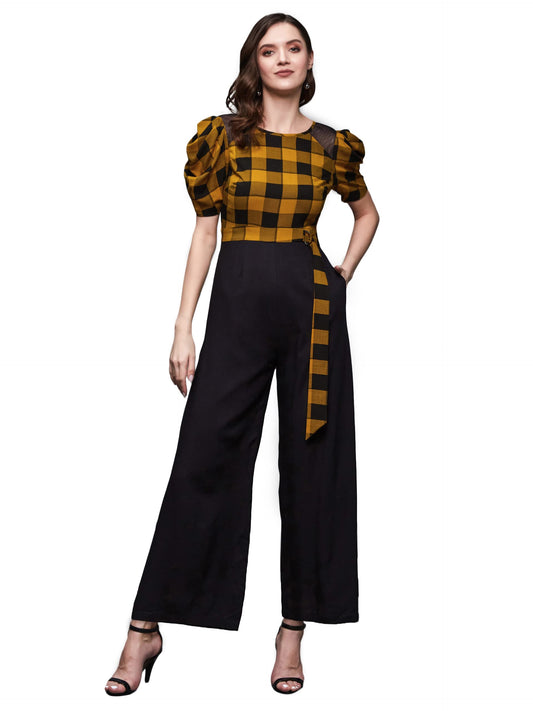 Miss Chase WomenS Black & Mustard Round Neck Cowl Sleeve Checkered Wide-Leg Viscose-Rayon Regular Length Jumpsuit (Mcss23D15-71