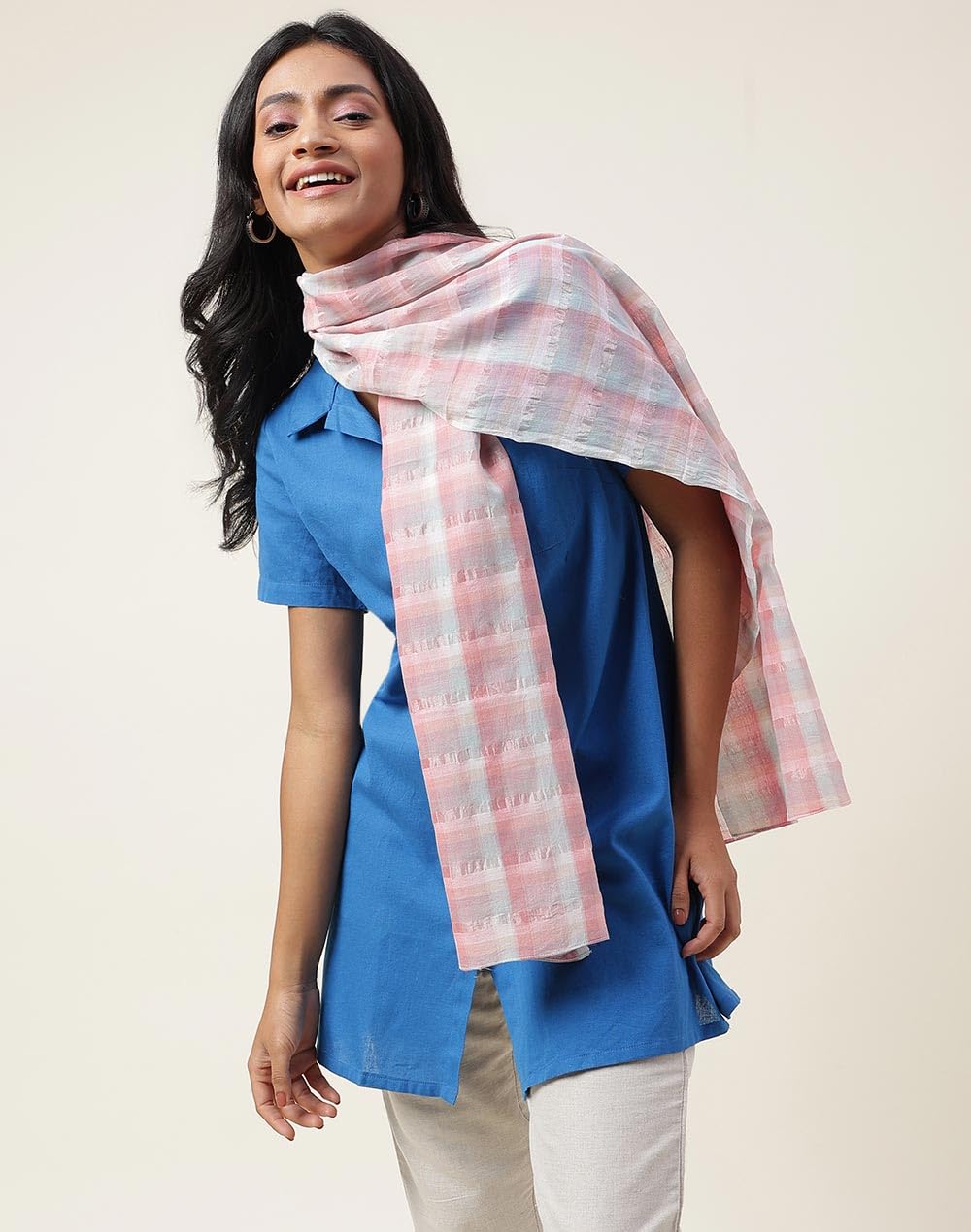 Fabindia Pink Cotton Blend Hand Woven Stole | Free Size | Celebration | 1 Stole - 2111914PINK