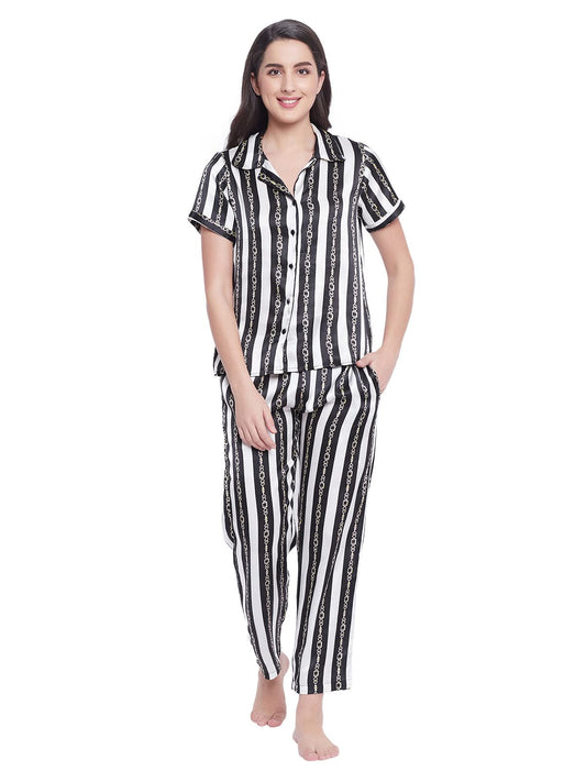 Clovia Womens Satin Sassy Stripes Shirt & Pyjama Set (LS0385U13_Black_S)