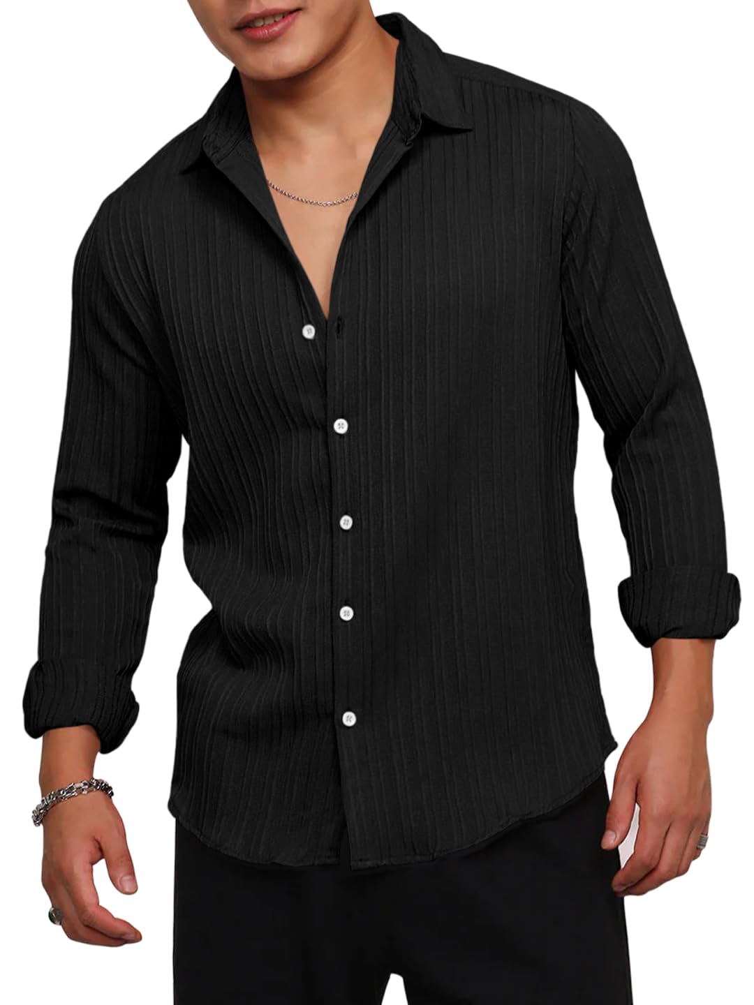 Finivo Fashion MenS Casual Cotton Striped Button Down Shirts Long Sleeve Textured Summer Beach Shirt For Men Black