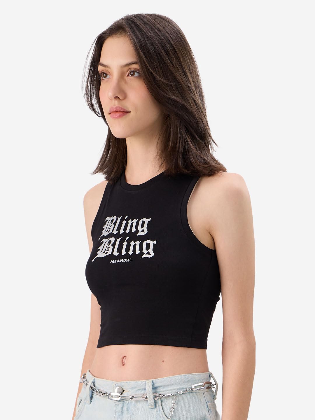 The Souled Store Official Mean Girls: Bling Bling Women and Girls Sleeveless Round Neck Black Graphic Printed Slim Fit Cotton Ta