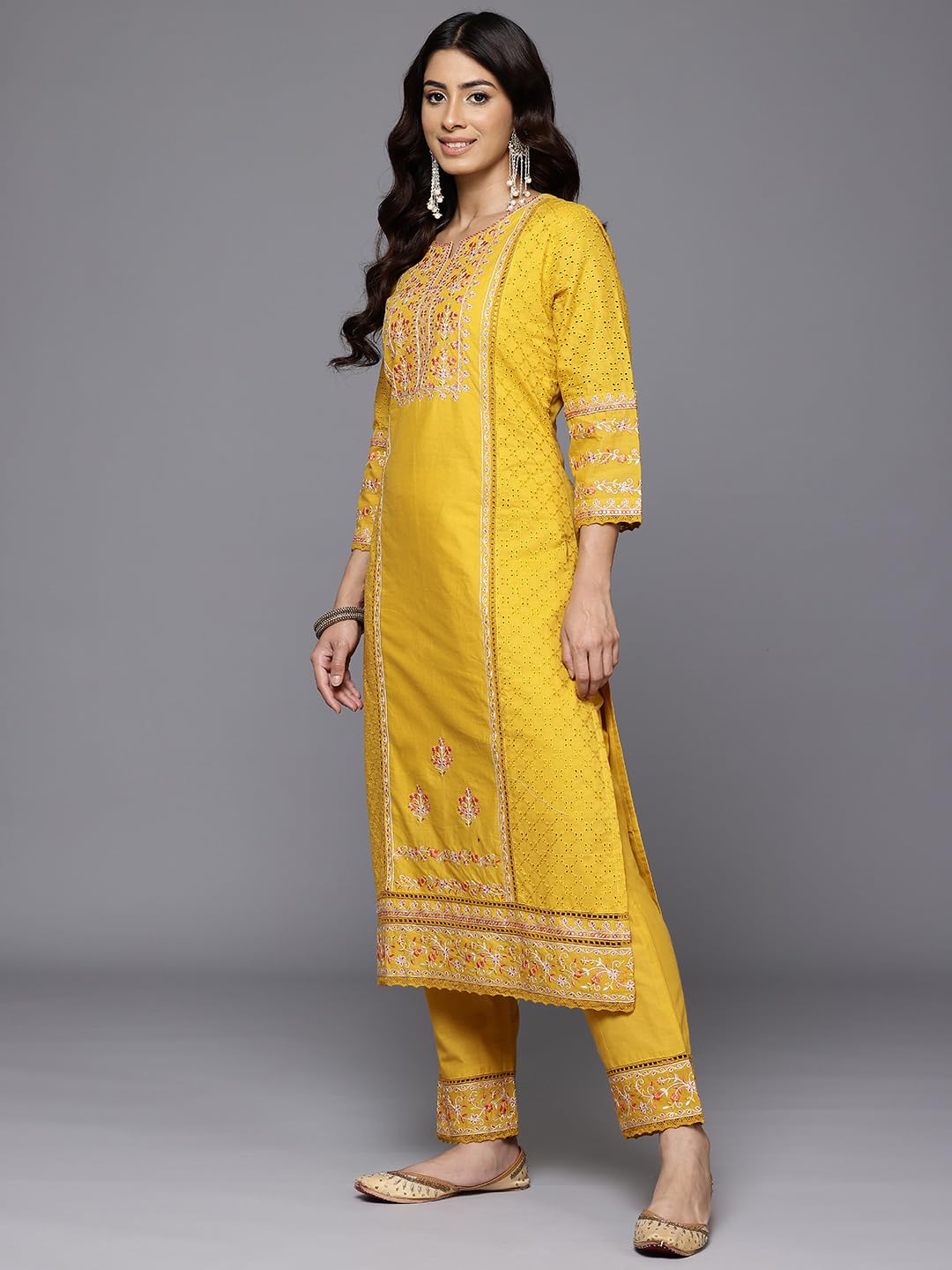 Varanga Women Yellow Floral Thread Embroidered Sequins Embellished With Lace Deatiled Kurta With Bottom And Dupatta