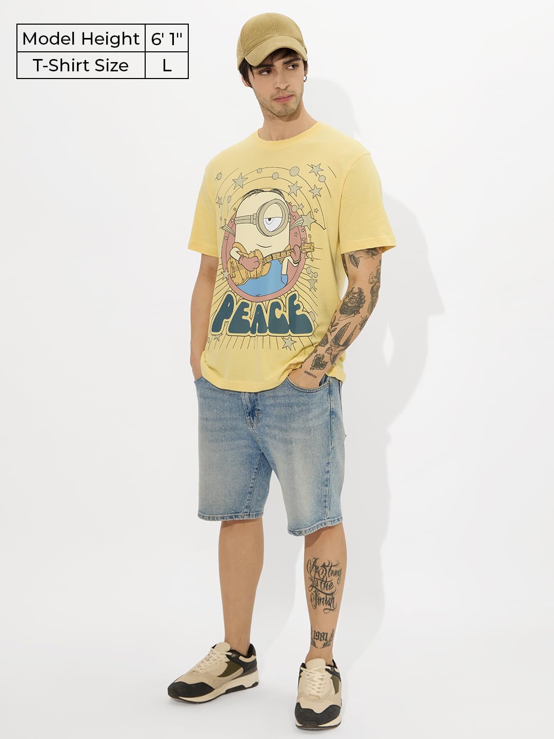 The Souled Store Official Minions: Peace Men and Boys Short Sleeves Round Neck Yellow Graphic Printed Regular Fit Cotton T-Shirt