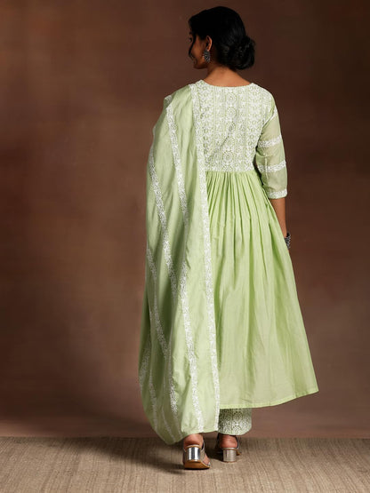 Libas Womens Embroidered Cotton A-Line Kurta With Palazzos And Dupatta