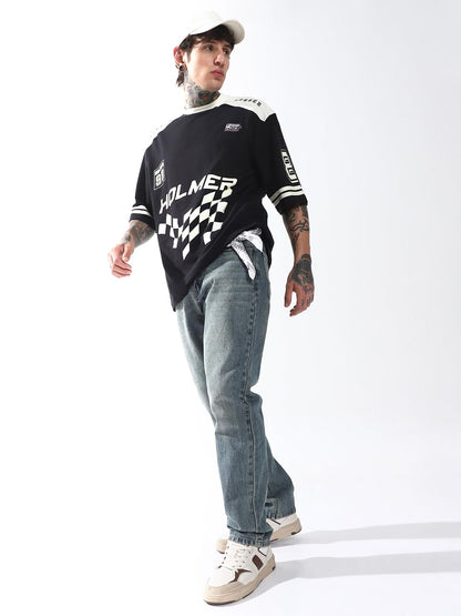 Hubberholme Men Cotton Terry Printed Oversized Round Neck Half Sleeves Tshirts 11 Black