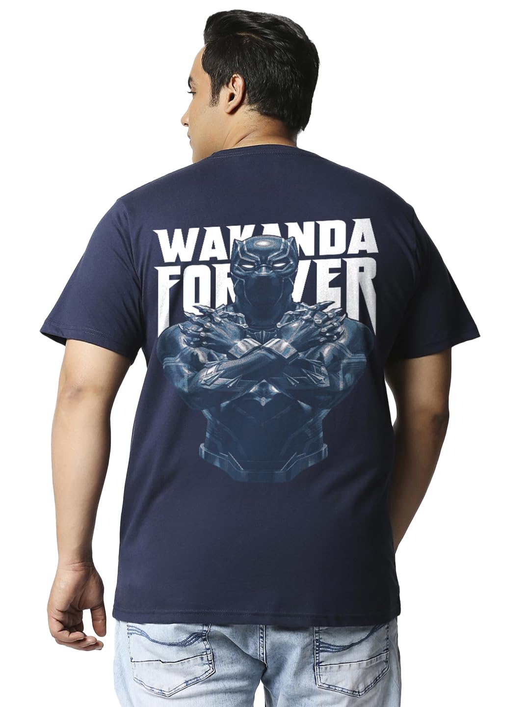 Bewakoof Official Marvel Merchandise Black Panther Mens Graphic Print Oversized Fit Half Sleeve Round Neck Cotton Plus Size T-S