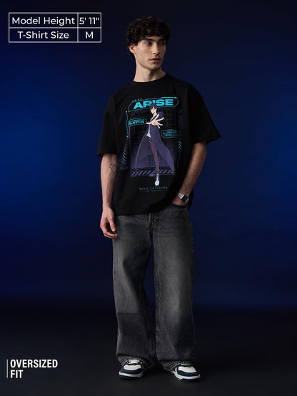 The Souled Store Solo Leveling: Arise Men and Boys Short Sleeves Round Neck Black Graphic Printed Cotton Oversized T-Shirts
