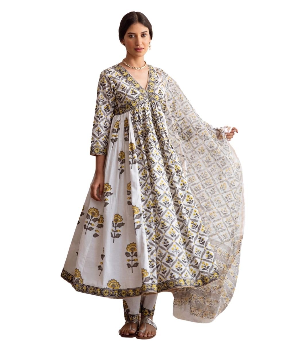 GRECIILOOKS WomenS Rayon Anarkali Printed V- Neck Kurta With Palazzo & Dupatta | Ethnic Set | Dupatta Set | Suit Set | Kurta An