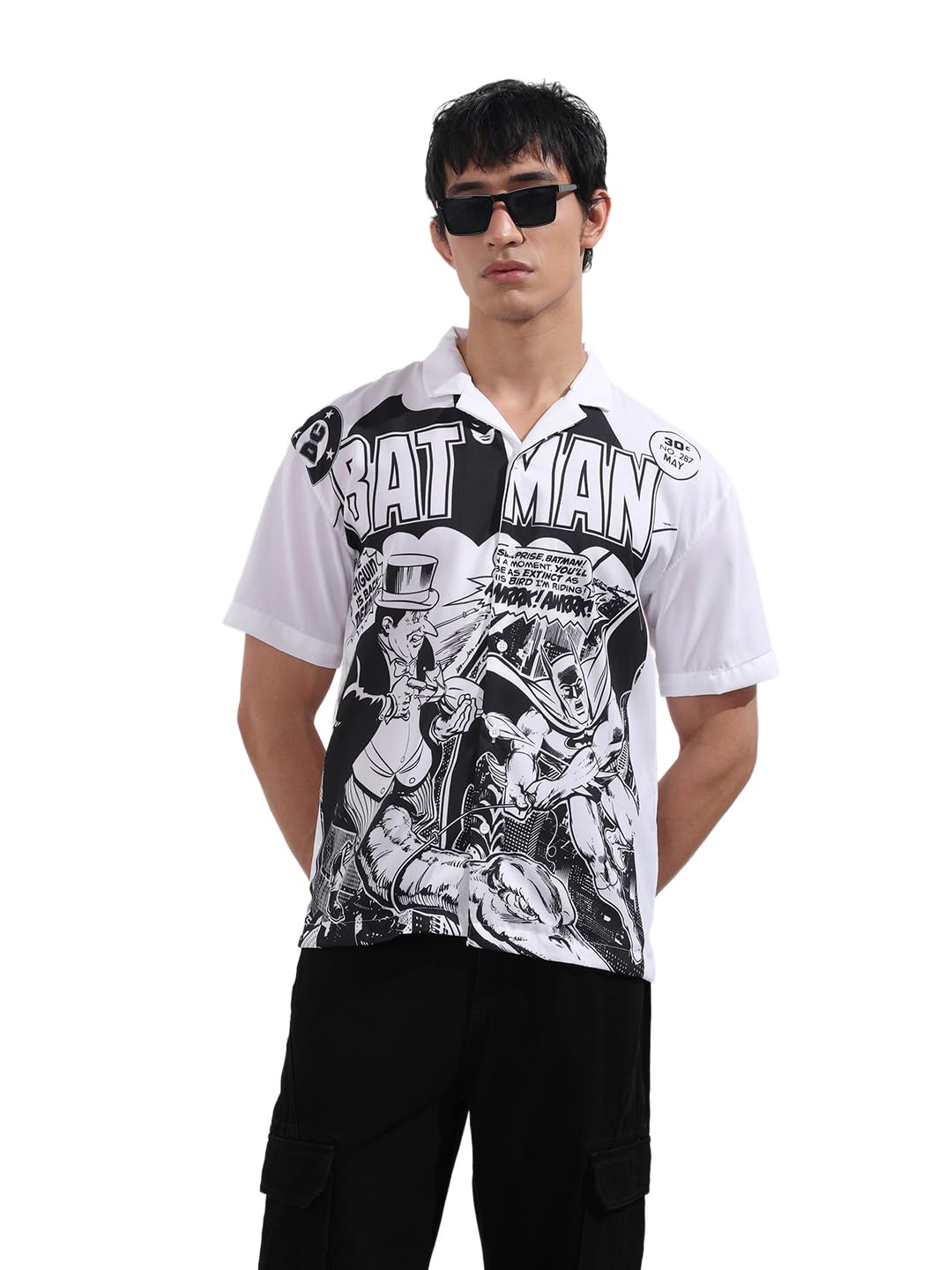 The Indian Garage Co Mens Relaxed Fit Batman Printed Cuban Collar Half Sleeves Street Sweater