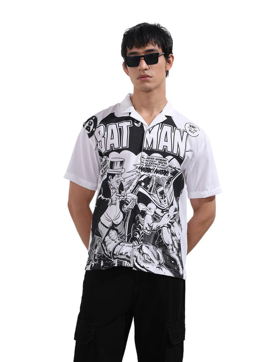 The Indian Garage Co Mens Relaxed Fit Batman Printed Cuban Collar Half Sleeves Street Sweater