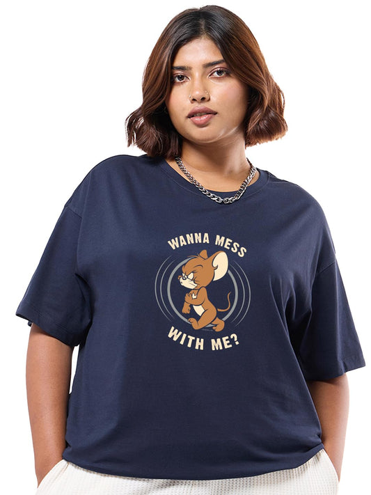 Bewakoof Official Tom & Jerry Merchandise Jerry Womens Graphic Print Oversized Fit Half Sleeve Round Neck Cotton Plus Size T-Sh