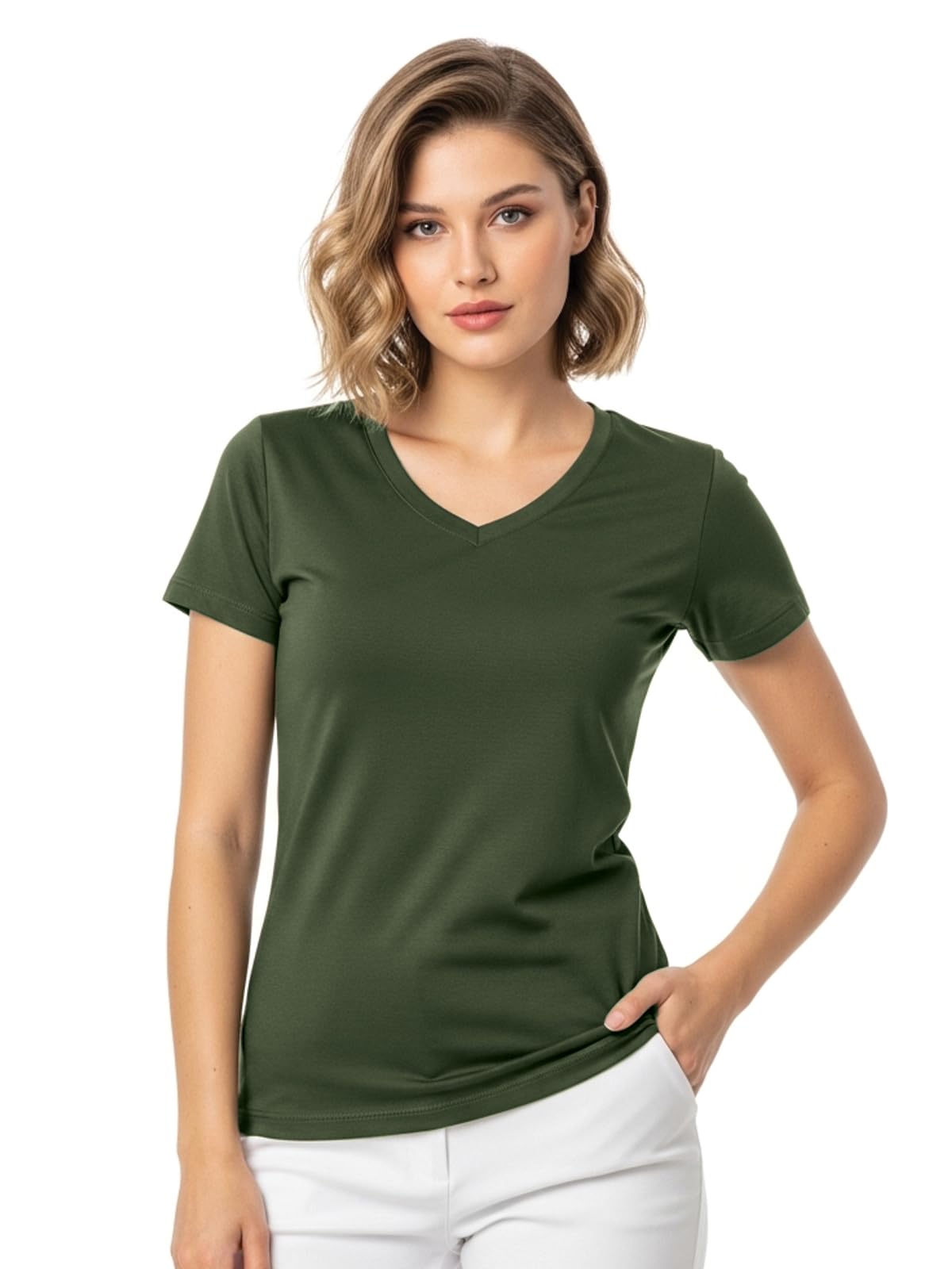 Juneberry Women Solid V Neck Pure Cotton T-Shirt