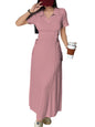 Shasmi Womens Pink Solid Color Applique Lace-Up Collared Short Sleeve, Side-Tie Waist Long Casual Maxi Women Dress Outfit Long E