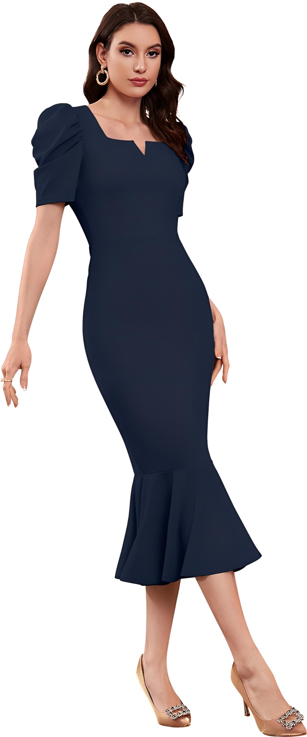 Satpurush WomenS Lycra Blend Sweet-Heart Neck Puff Sleeve Fit And Flared Calf Length Casual Bodycon Dress For Party, Office, Me
