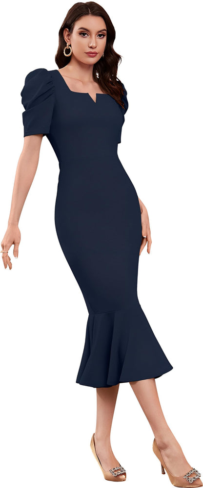 Satpurush WomenS Lycra Blend Sweet-Heart Neck Puff Sleeve Fit And Flared Calf Length Casual Bodycon Dress For Party, Office, Me