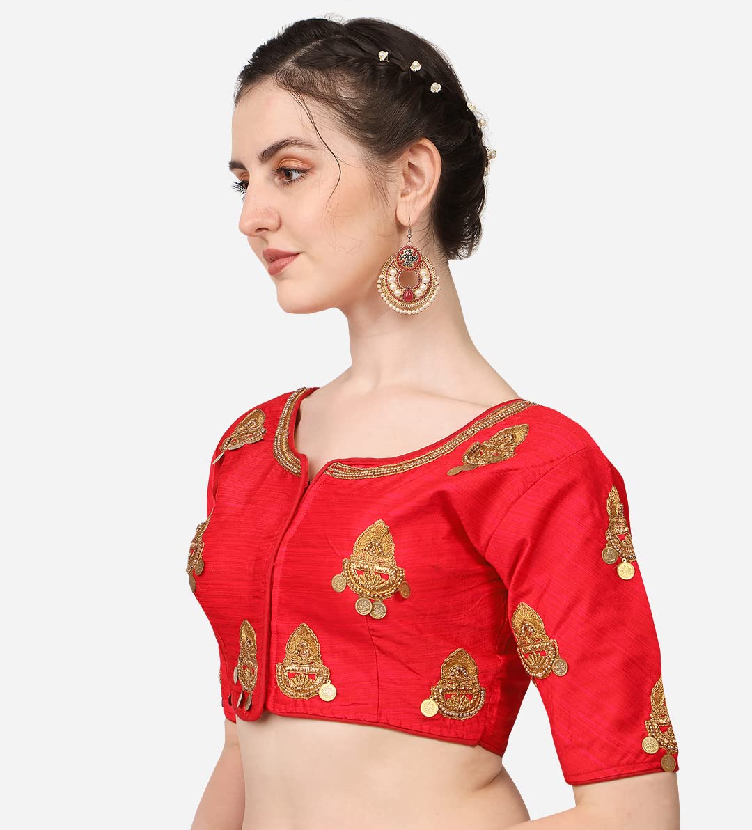 Pujia Mills WomenS Silk Embroidery Maggam Lakshmi Coin Work Readymade Saree Blouse