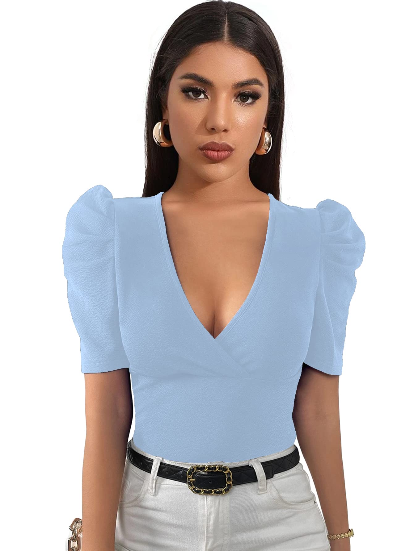 Shasmi Womens & Girls Sky Blue Short Puff Sleeve, V-Neck, Ruched Bust Solid Tops for Women/Tops, T-Shirts for Girls (TOP 61 Sk