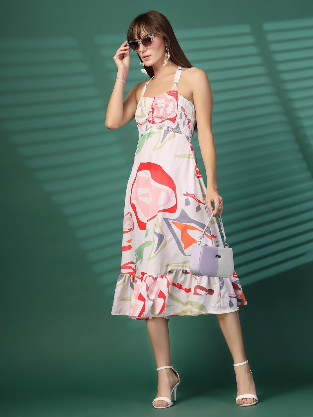 Oomph! WomenS Western & Fusion Wear Printed Crepe Dress For Women, Smocked Bodice, White - Md1053