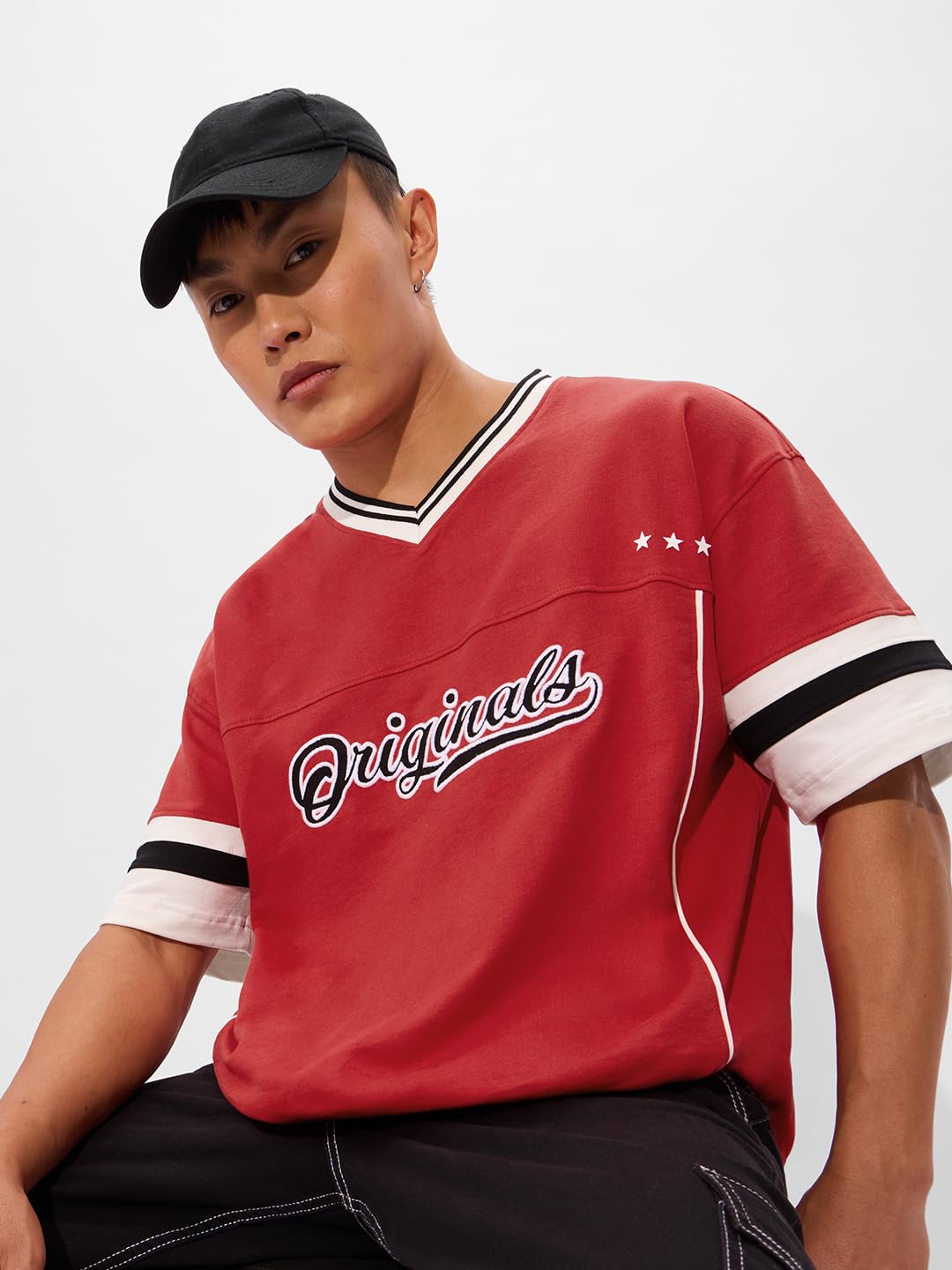 The Souled Store Fiesta Men and Boys Short Sleeves V- Neck Red Embroidered Cotton Oversized T-Shirts
