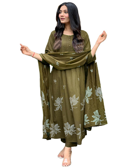 Gosriki WomenS Rayon Viscose Anarkali Printed Kurta With Pant & Dupatta (Gangori Mehandi-Gs_Xl_Mehandi_X-Large)