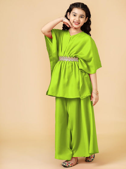 A.T.U.N. (ALL THINGS UBER NICE) Girls Solid Polysilk Lime Green Kaftan with Flared Pant Set
