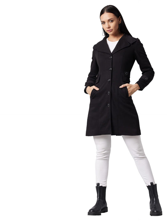 Dolce Crudo Womens Black V- Neck Full Sleeve Solid Front-Open Longline Jacket (DOAW21JKT03-39-62-05,Black,L)