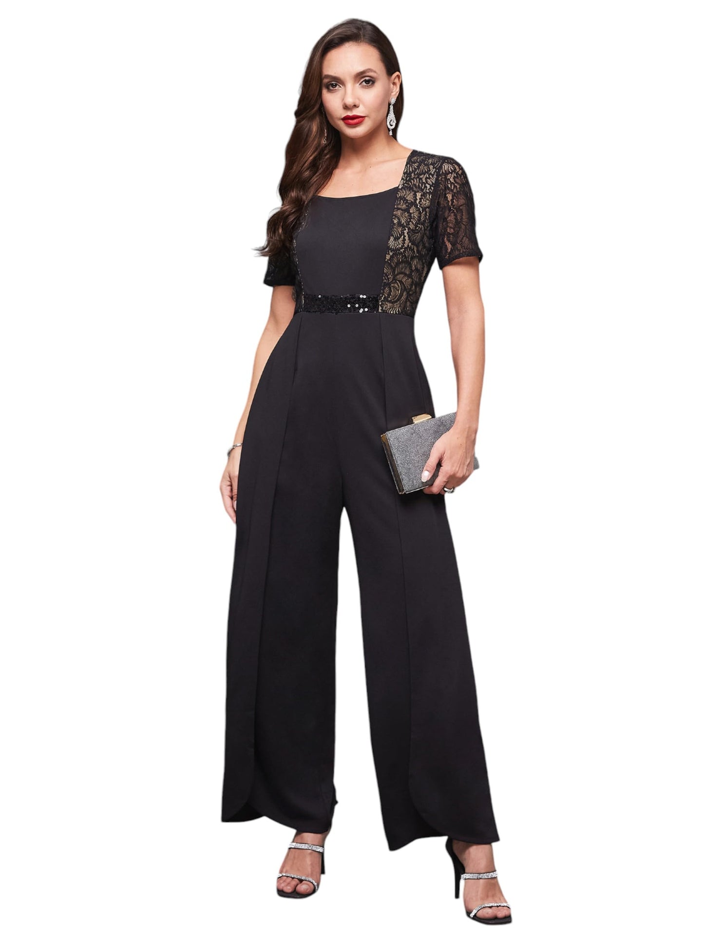 Miss Chase Womens Square-Neck Half-Sleeve Self-Designed Panelled Jumpsuit (MCSS24D19-30-62-06, Black, XL)