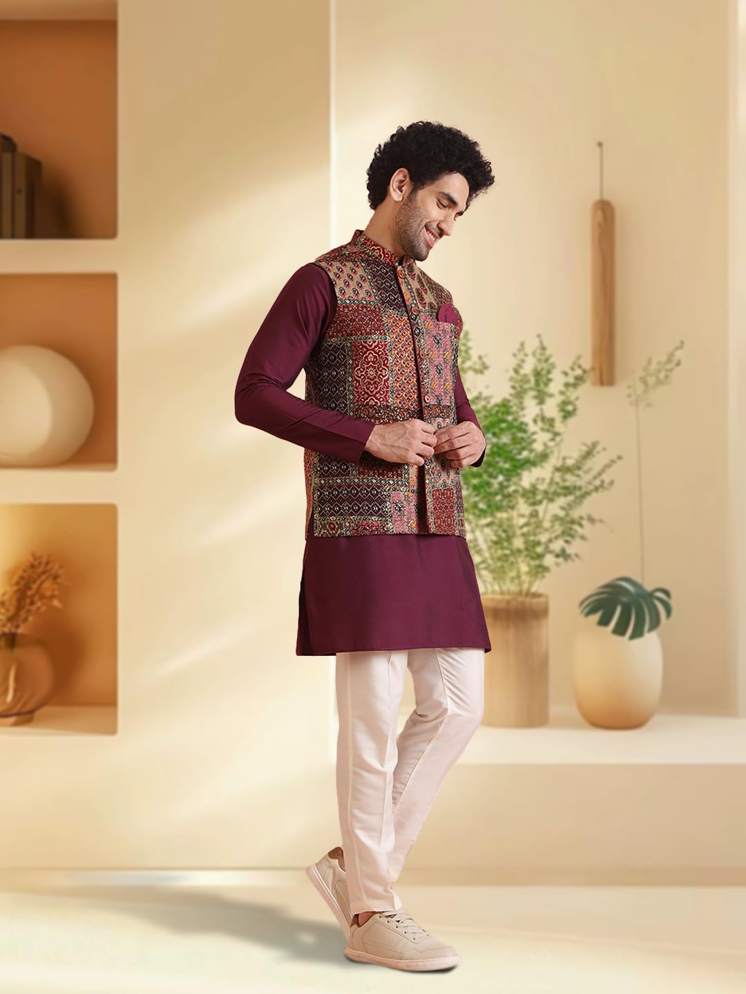 Kisah Nehru Jacket For Men  Printed Silk Blend Modi Jacket | Ethnic & Formal Waist Coat For Weddings, Parties & Office Wear