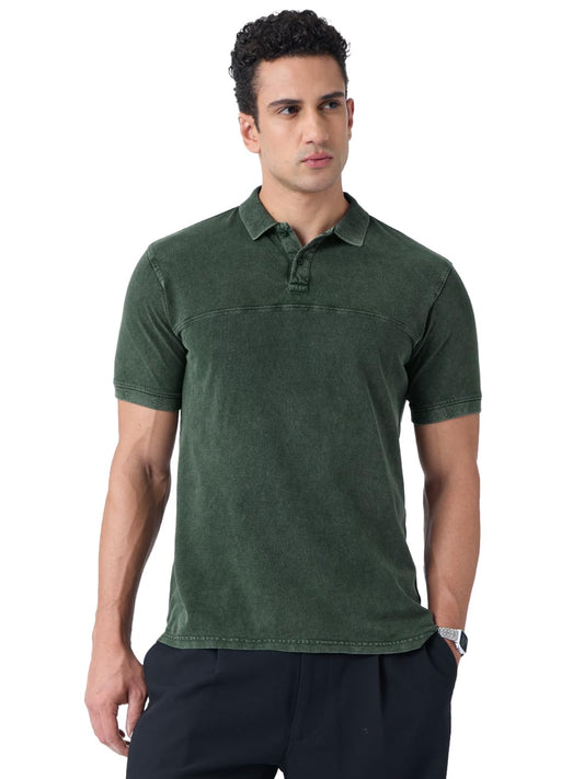 The Souled Store Vintage Wash: Olive Men and Boys Short Sleeves Polo Collar Solid Cotton Regular Fit T-Shirts